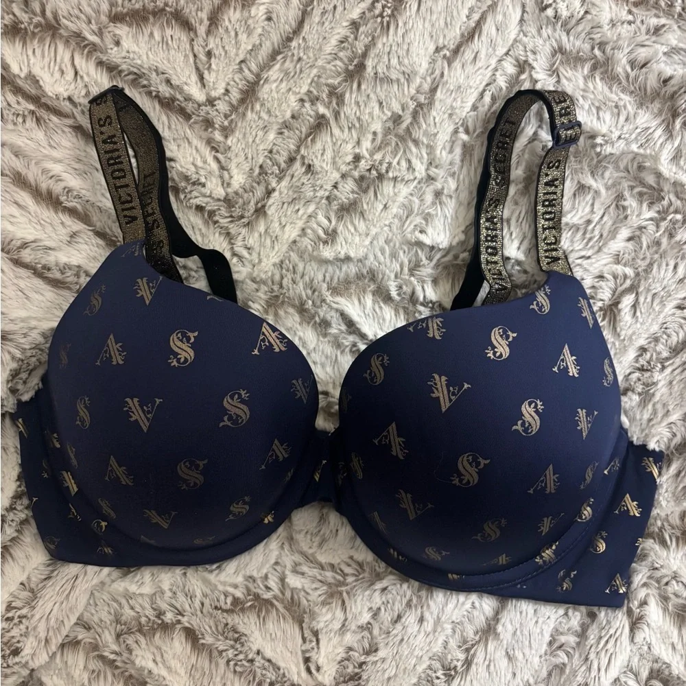 ✨ VS Dream: Navy & Gold Monogram Shine Strap Bra - T Shirt - Lined - EC ✨ - Picture 1 of 5